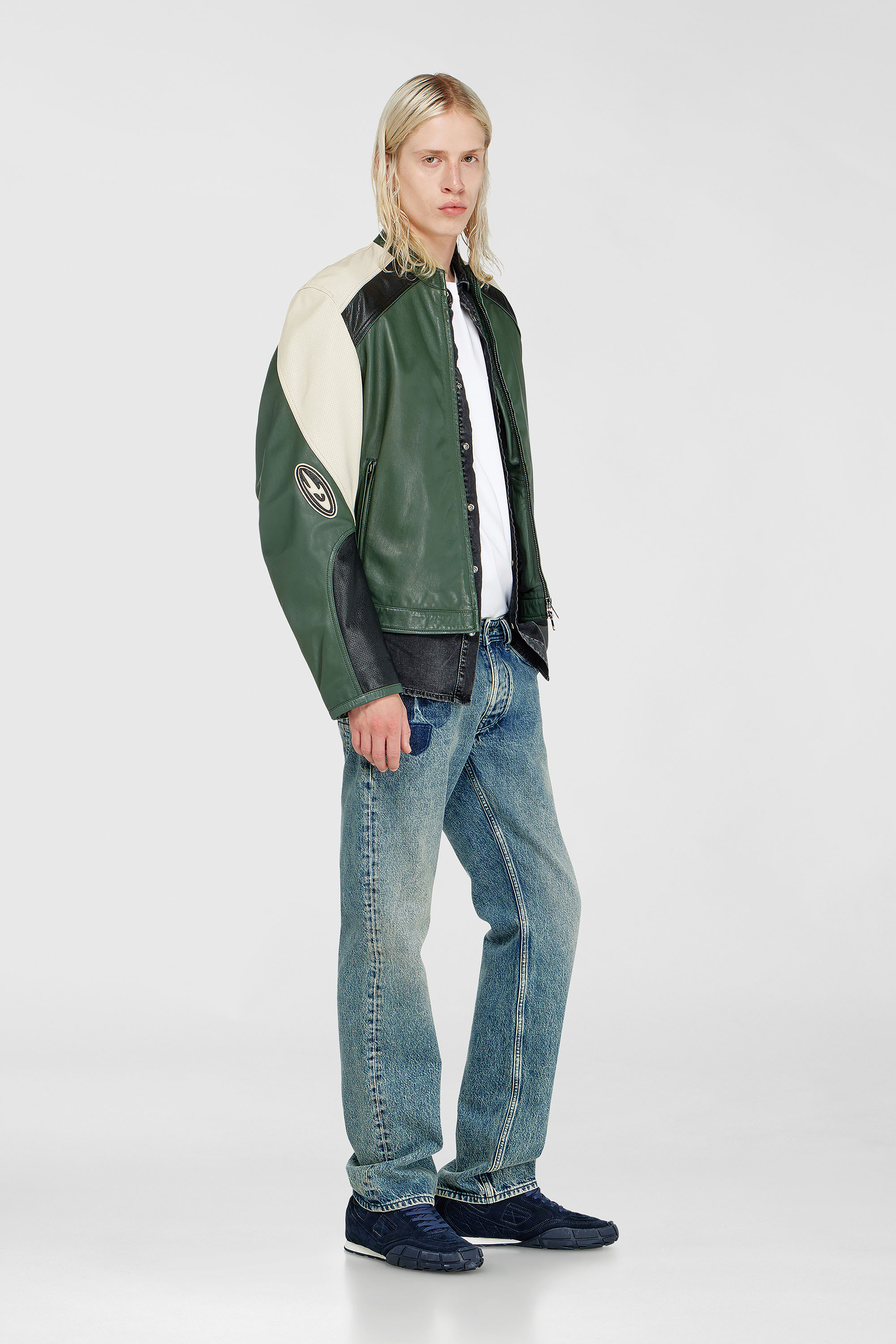 Diesel - L-AHTI, Man's Biker jacket in colour-block perforated leather in Beige/Black - 2