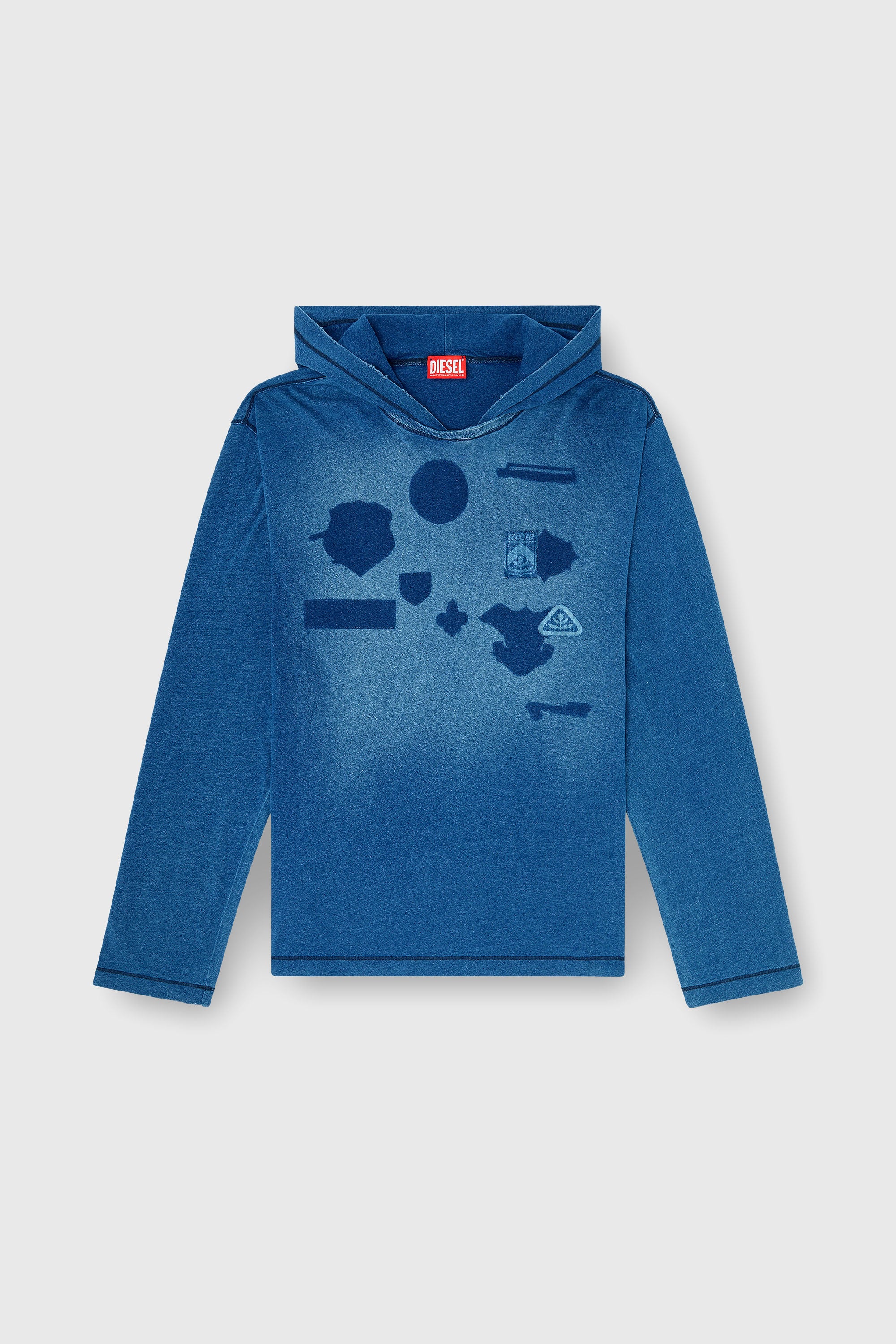 Diesel - T-NOX-LS-HOOD, Man's Hooded long-sleeve T-shirt with shadow-effect patches in Medium blue - 2