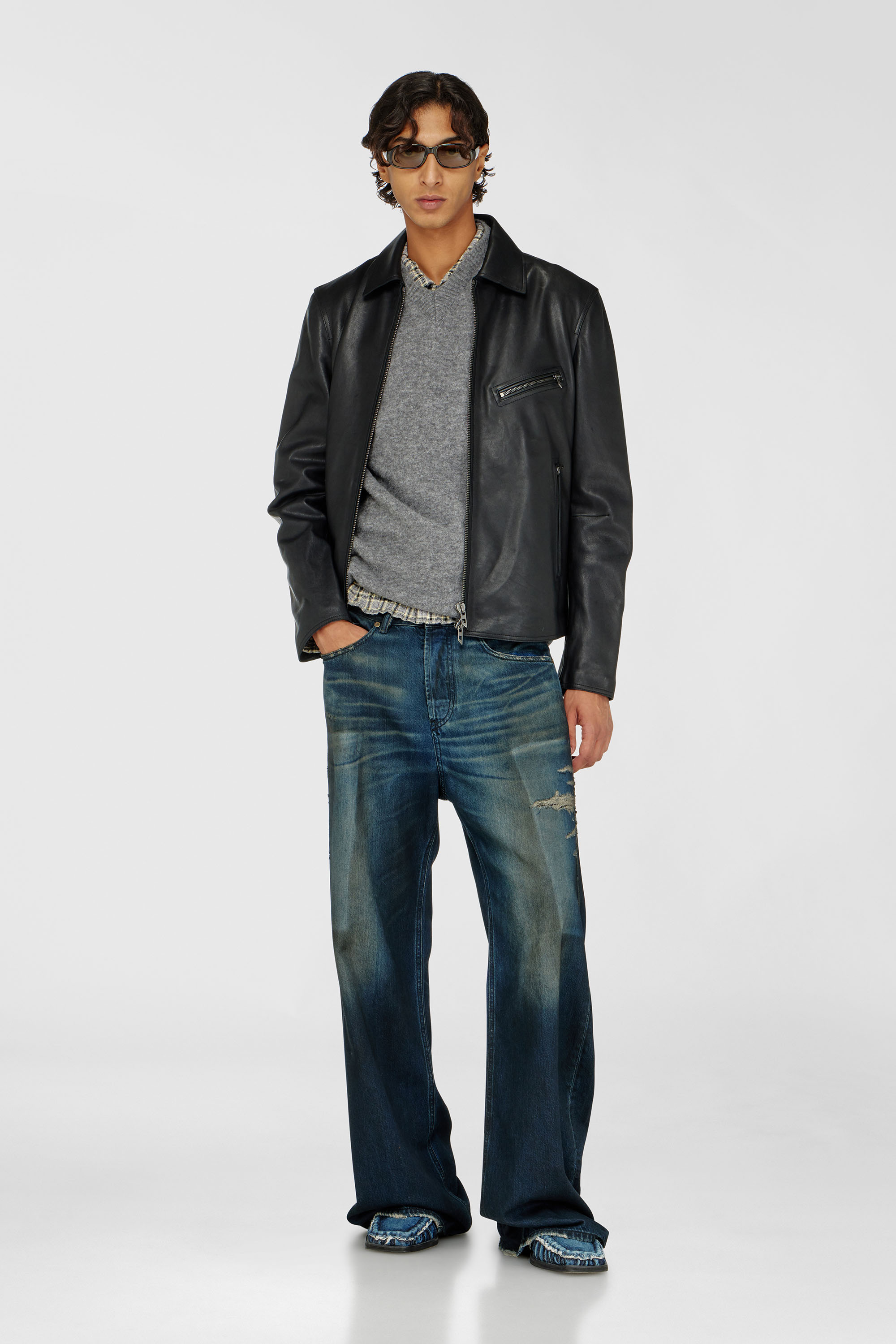Diesel - L-KORN-A, Man's Leather jacket with embossed Oval D in Black - 2