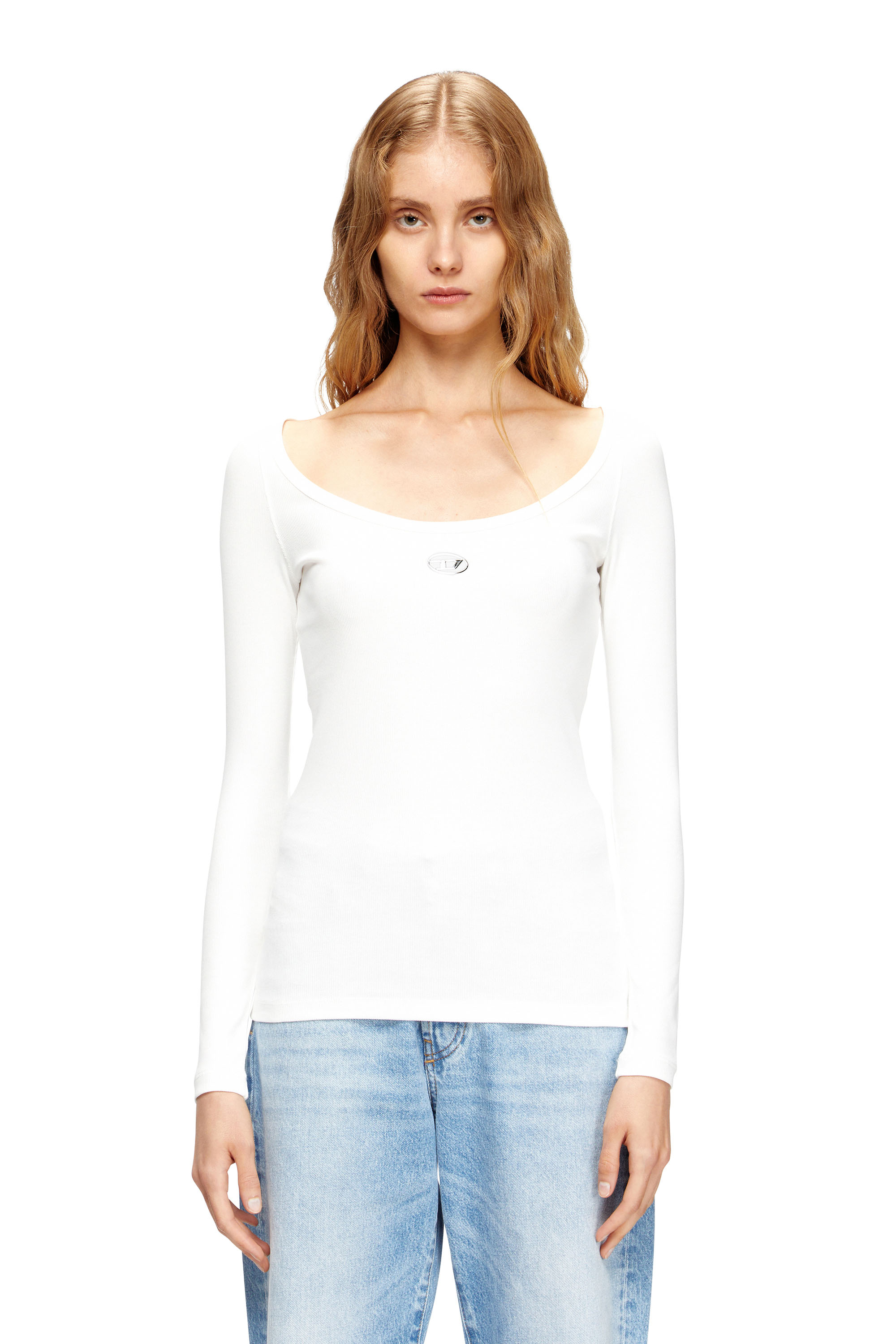 Diesel - T-BAL-OD, Woman's Long sleeve ribbed top with metallic Oval D in White - 1