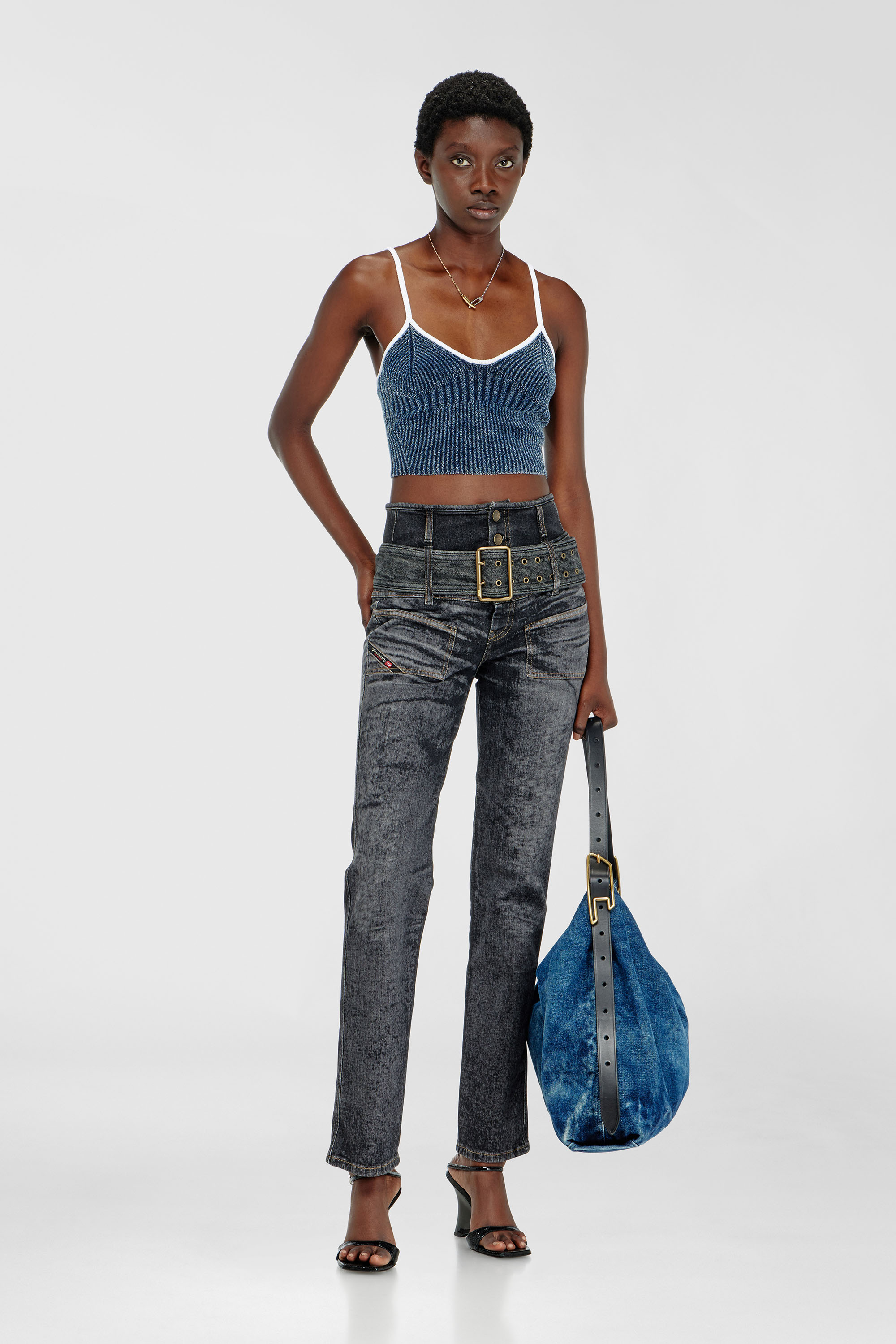 Diesel - M-ESTERE, Woman's Crop top in indigo boucl&eacute; ribbed knit in Blue/White - 2