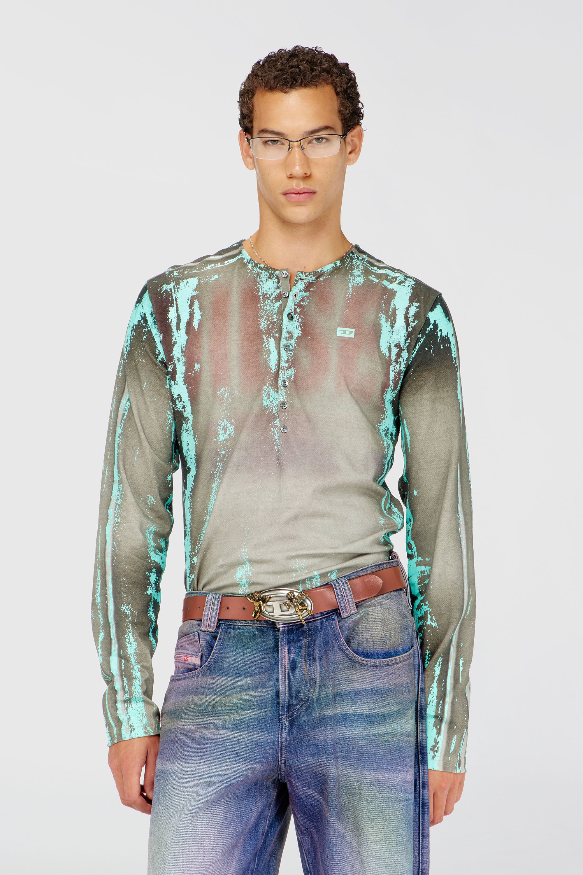 Diesel - T-FYNO-ML, Man's Grandad T-shirt in cracked leather-effect jersey in Grey/Blue - 1