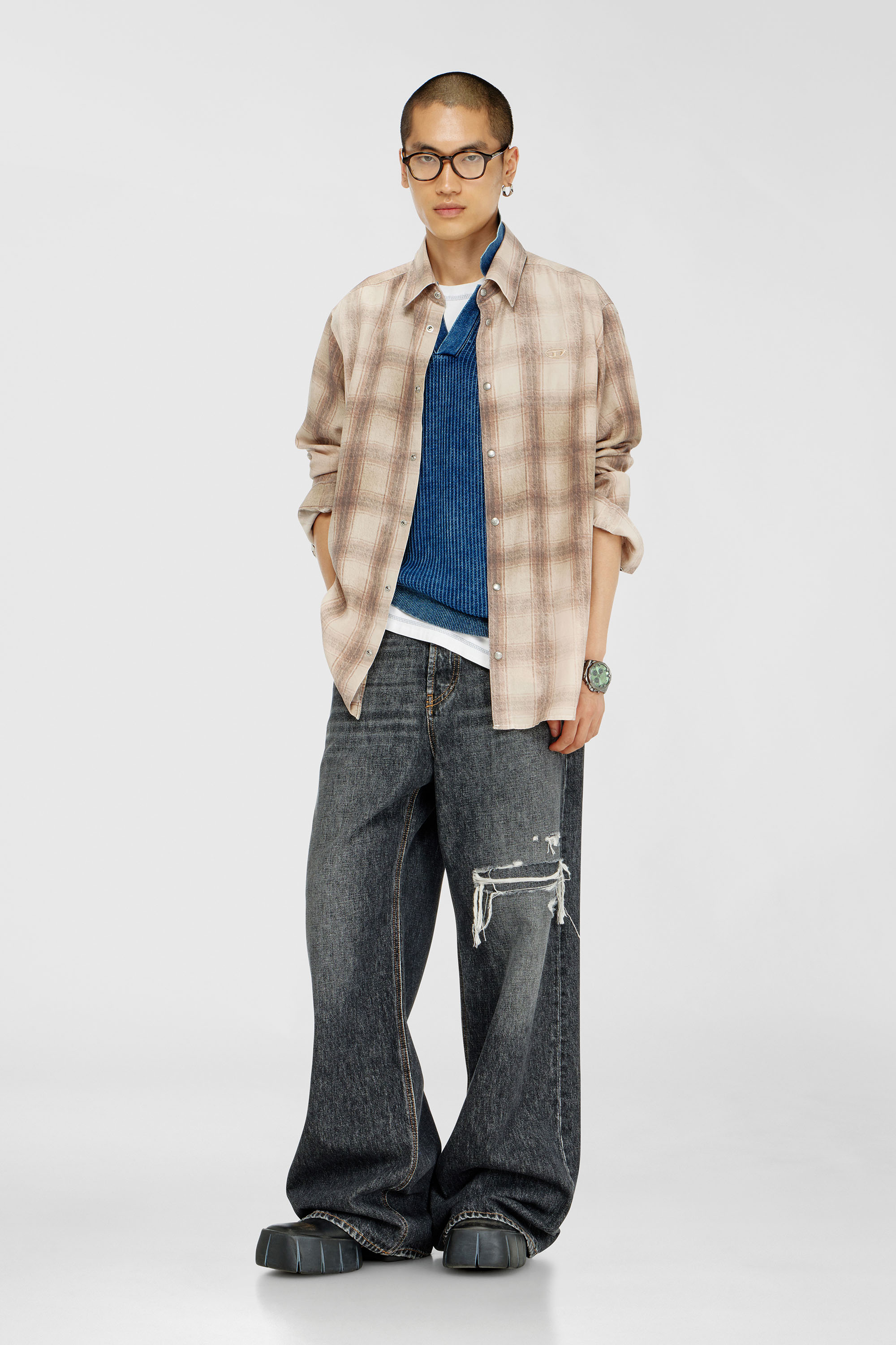 Diesel - S-SIMPLY-JMCM, Man's Check shirt in fluid fabric in Light Brown - 2