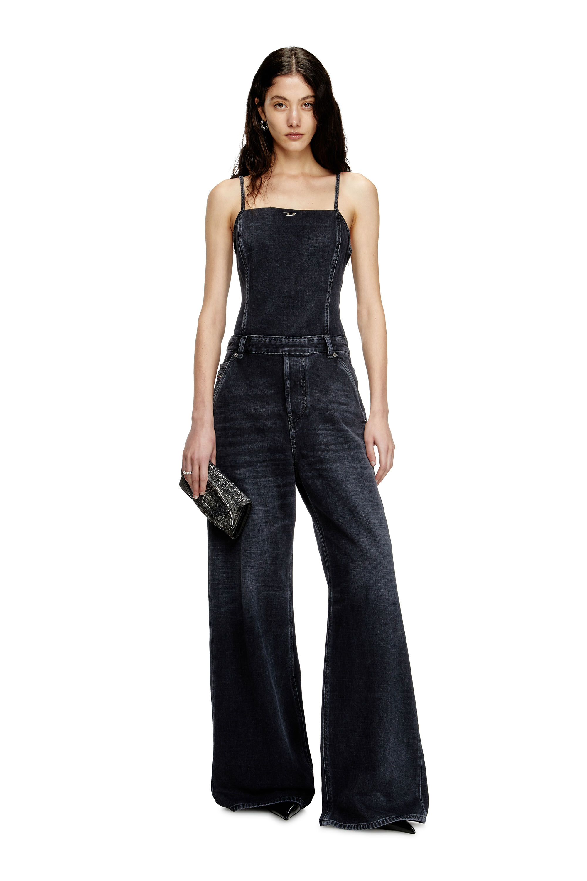 Diesel - DE-VORS, Woman's Strappy jumpsuit in batavia-weave denim in Black/Dark grey - 1