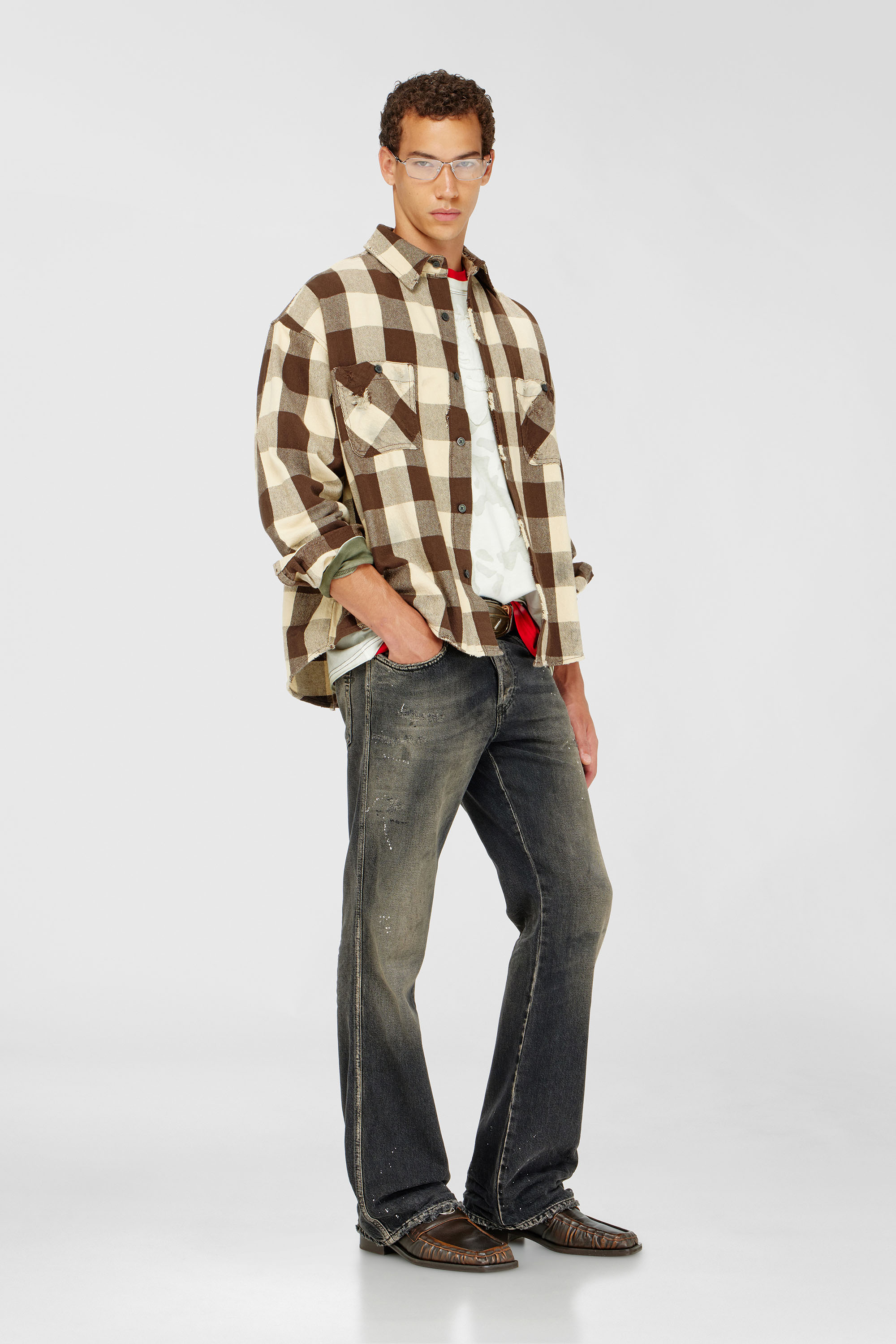 Diesel - S-DRUM, Man's Check flannel shirt with distressed effect in Beige/Brown - 2