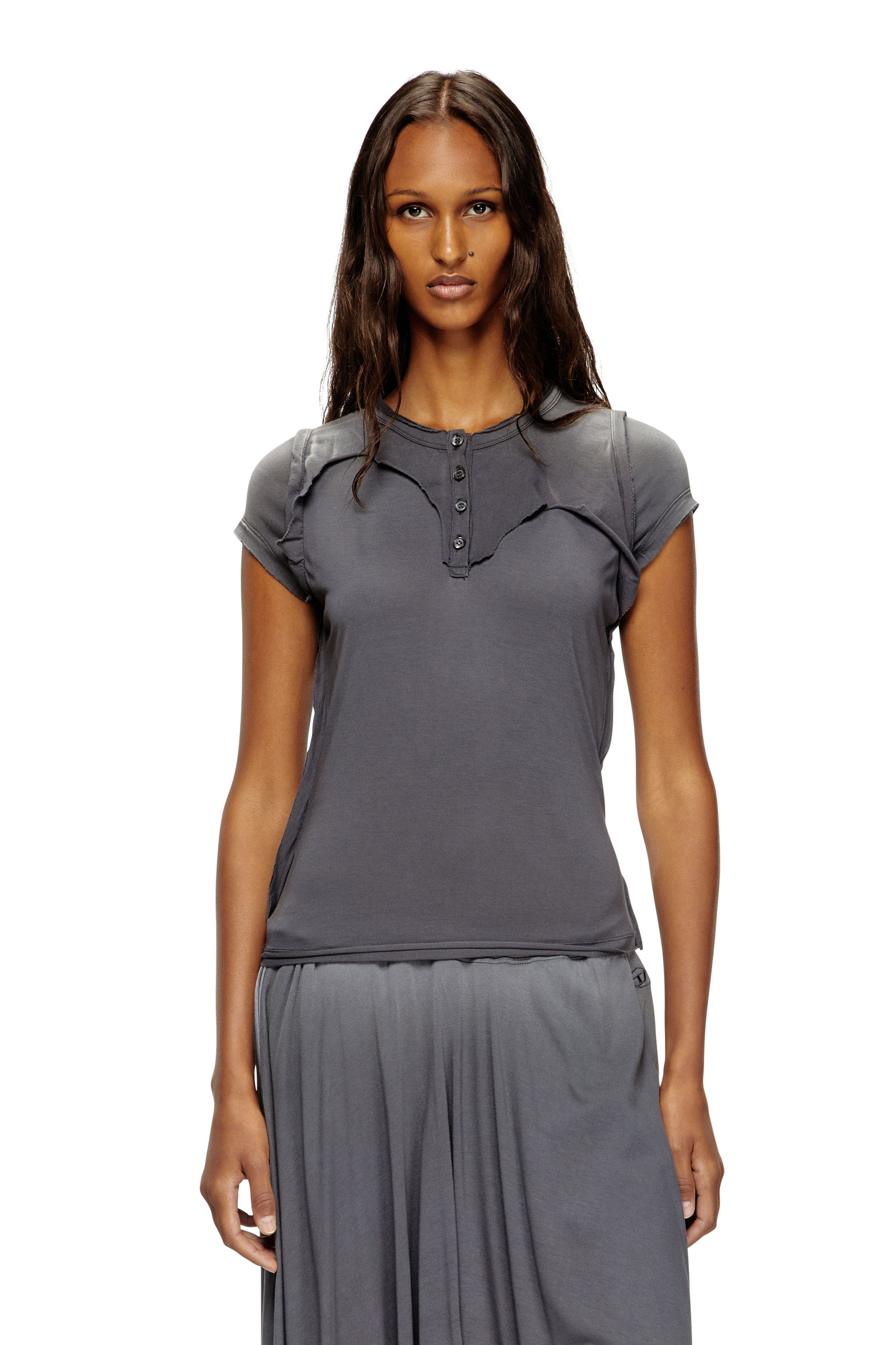 Diesel - T-UNRAWY, Woman's Henley T-shirt with peel-off effect in Grey - 1