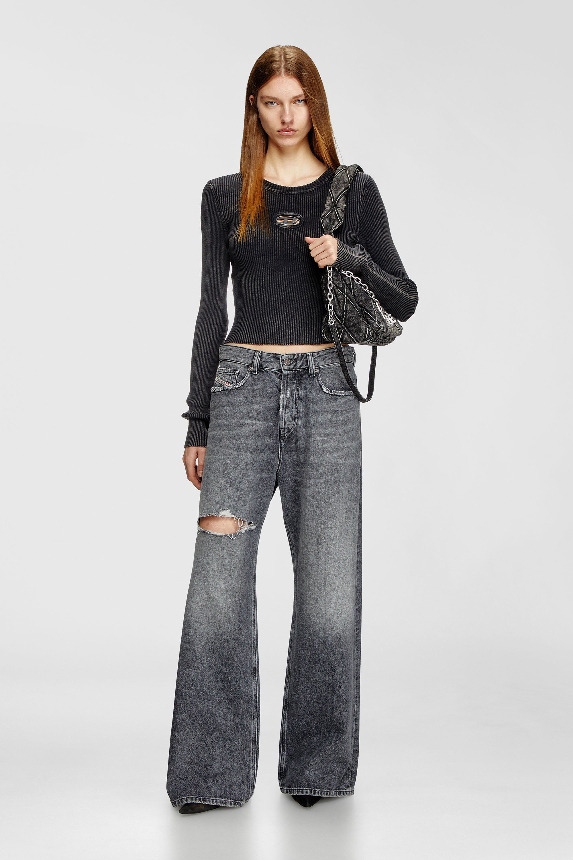 Diesel - M-ANCHOR-A, Woman's Cropped jumper with cut-out logo in Black - 2