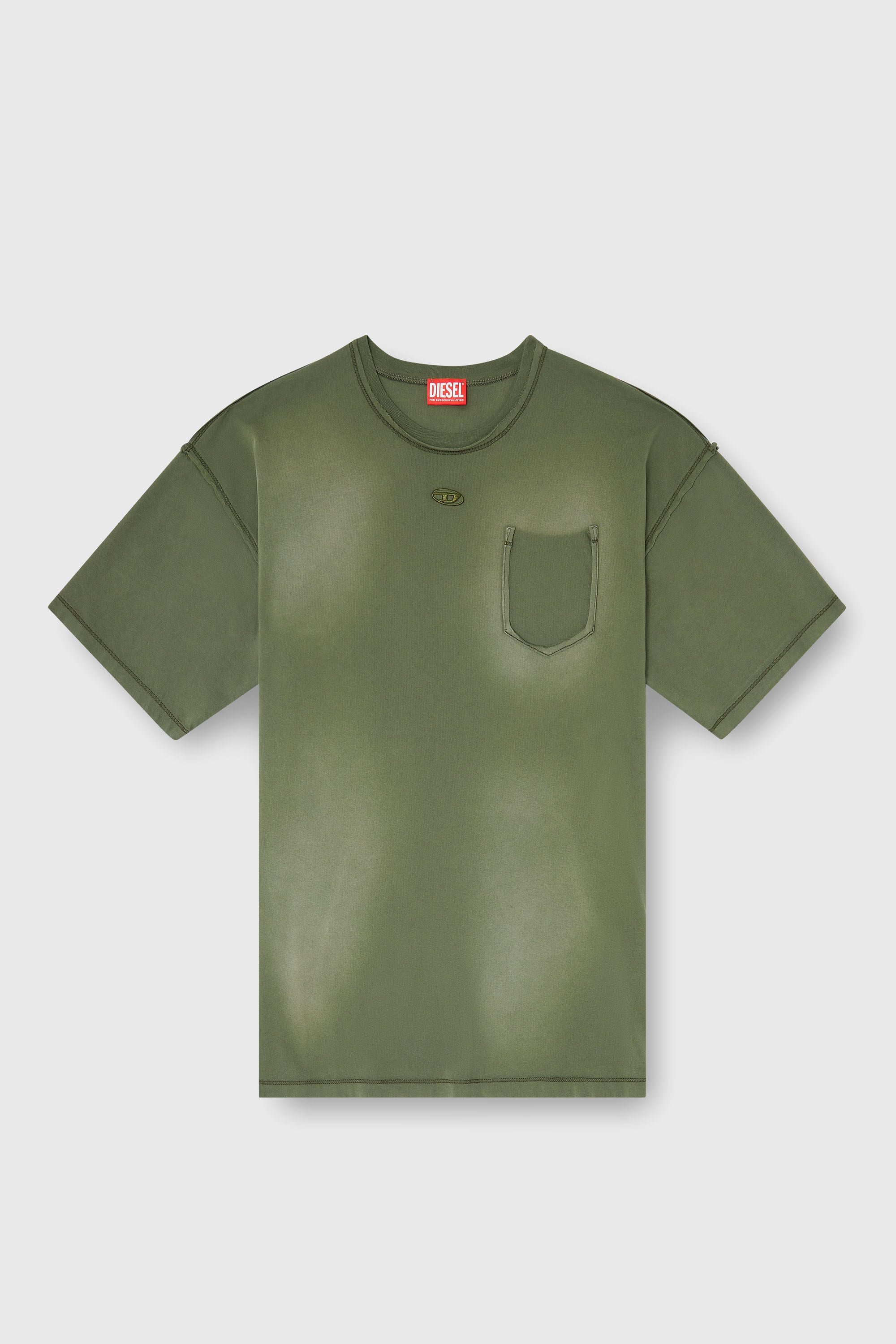 Diesel - T-POCK, Man's Faded T-shirt with ripped pocket detail in Military Green - 2