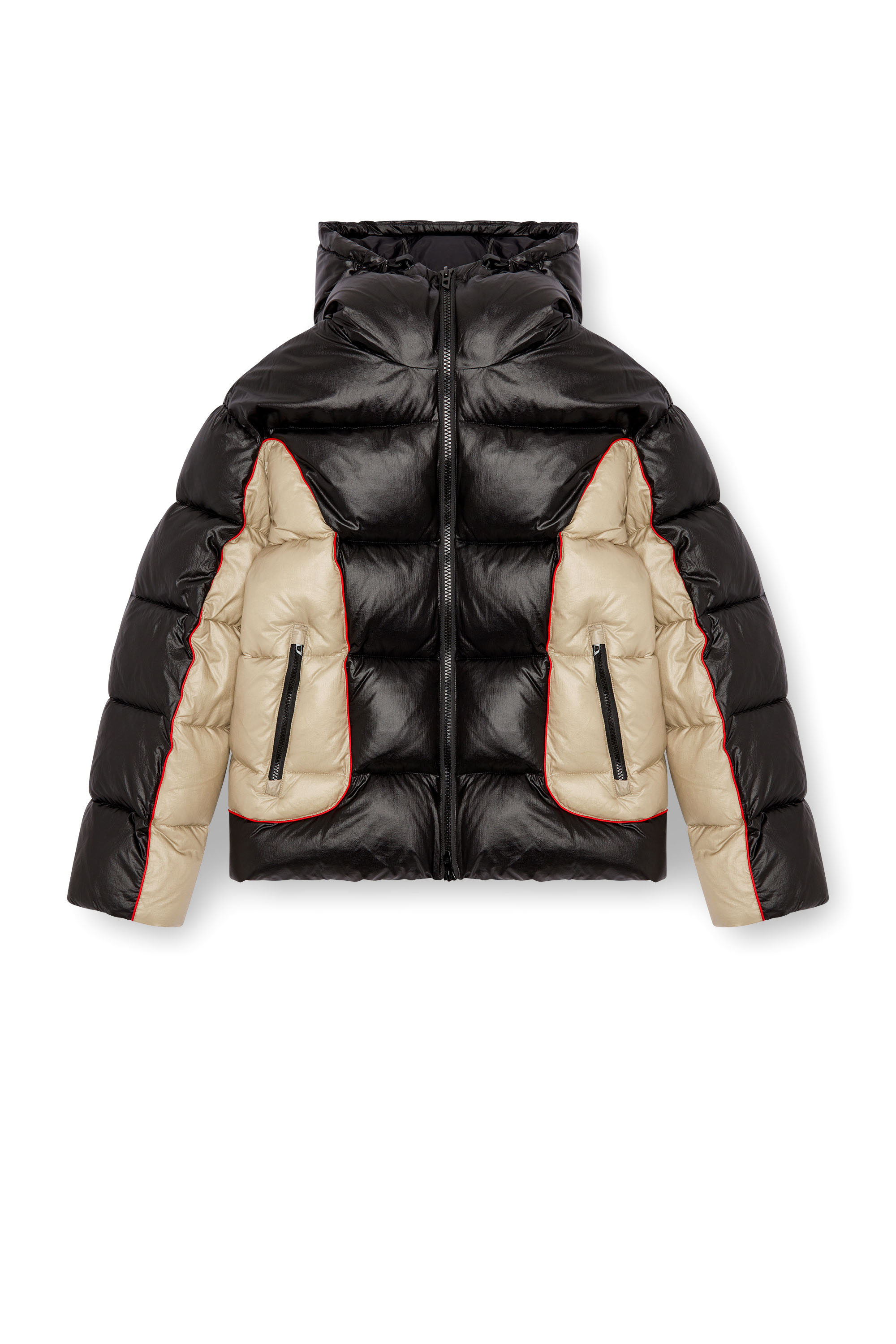 Diesel - W-OSTEND, Man's Hooded puffer jacket in shiny ripstop in Black/Beige - 3