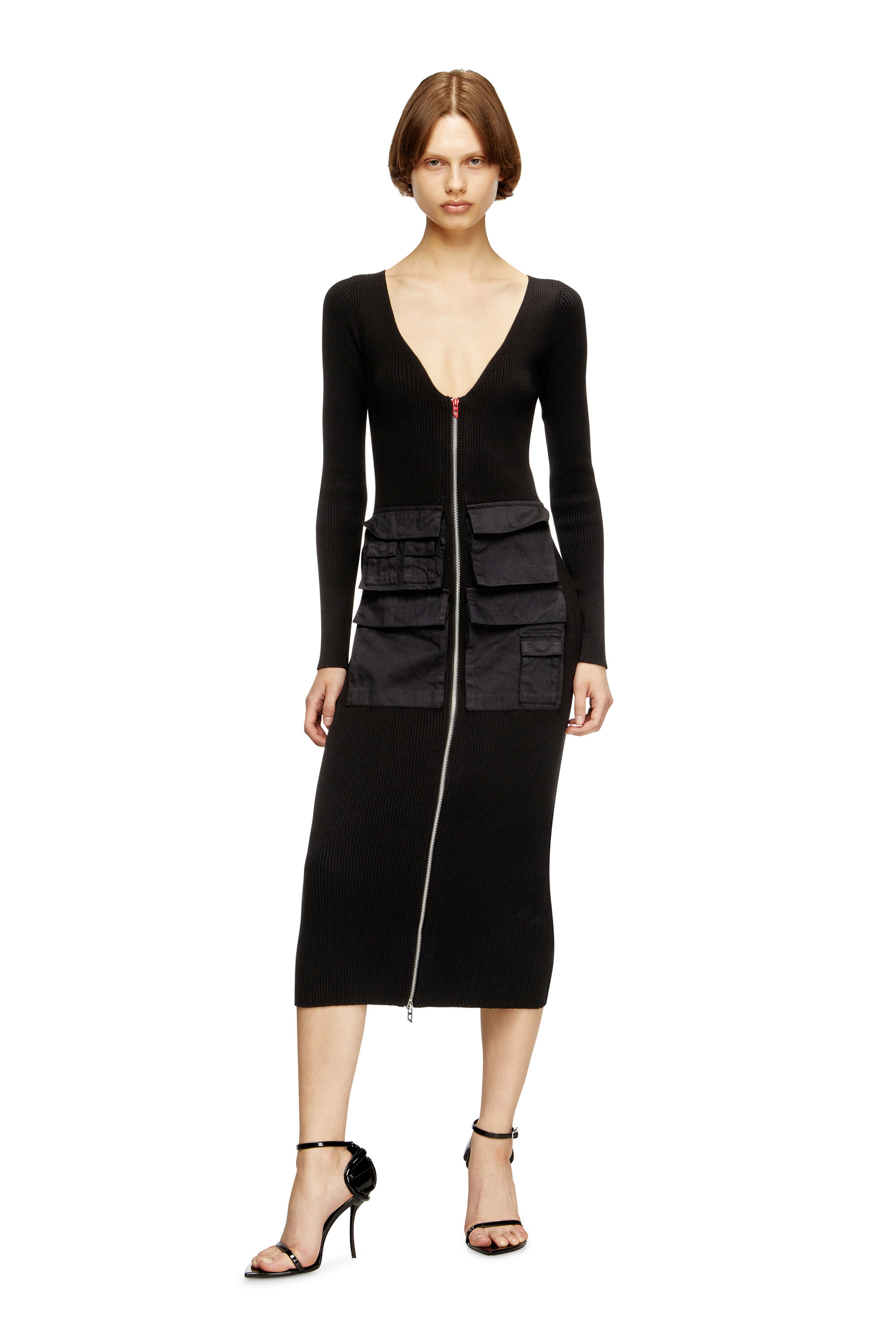 Diesel - M-MELTI-LS, Woman's Ribbed midi dress with cargo pockets in Black - 3