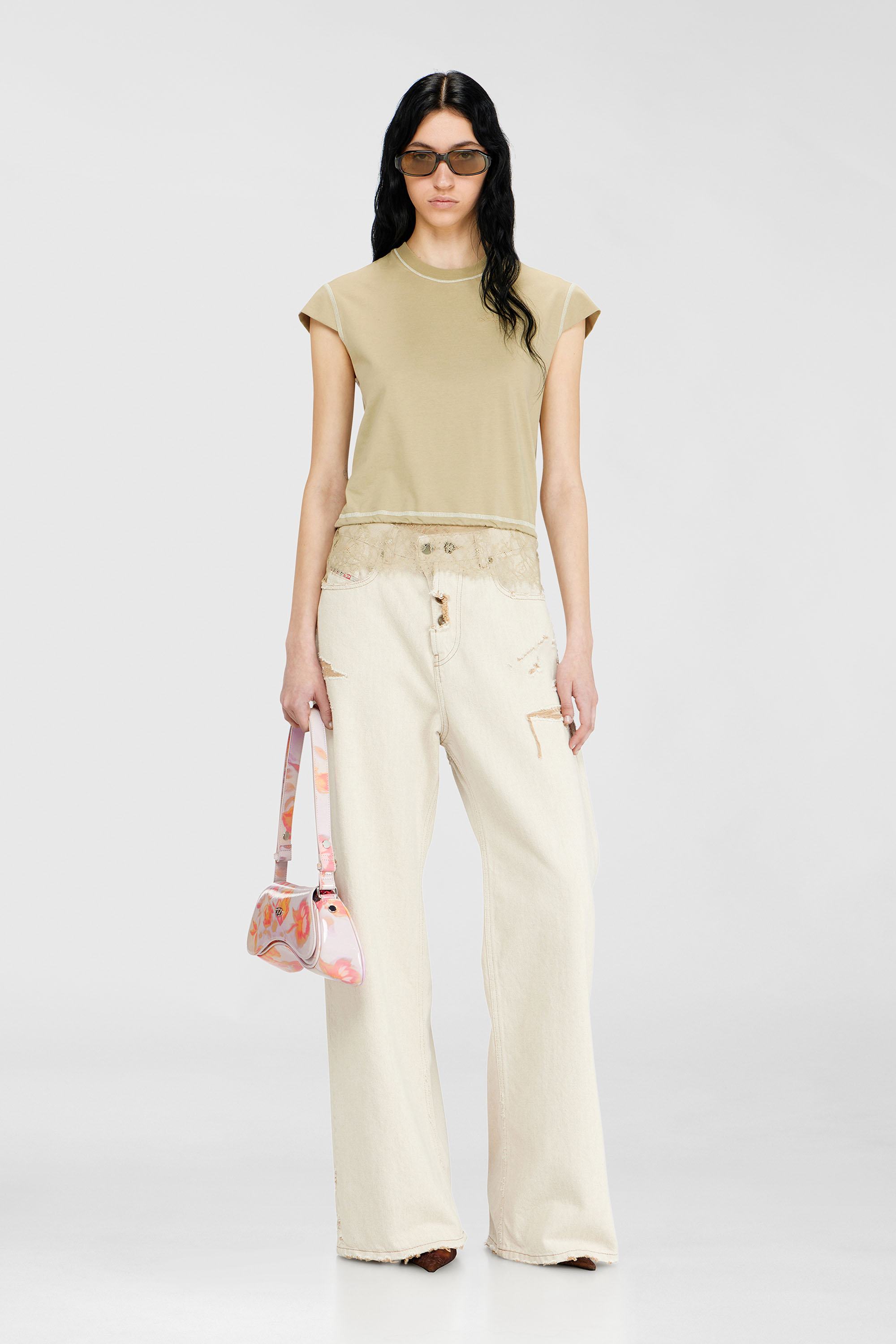 Diesel - T-LUNA, Woman's Jersey t-shirt with lace hem in Beige - 2