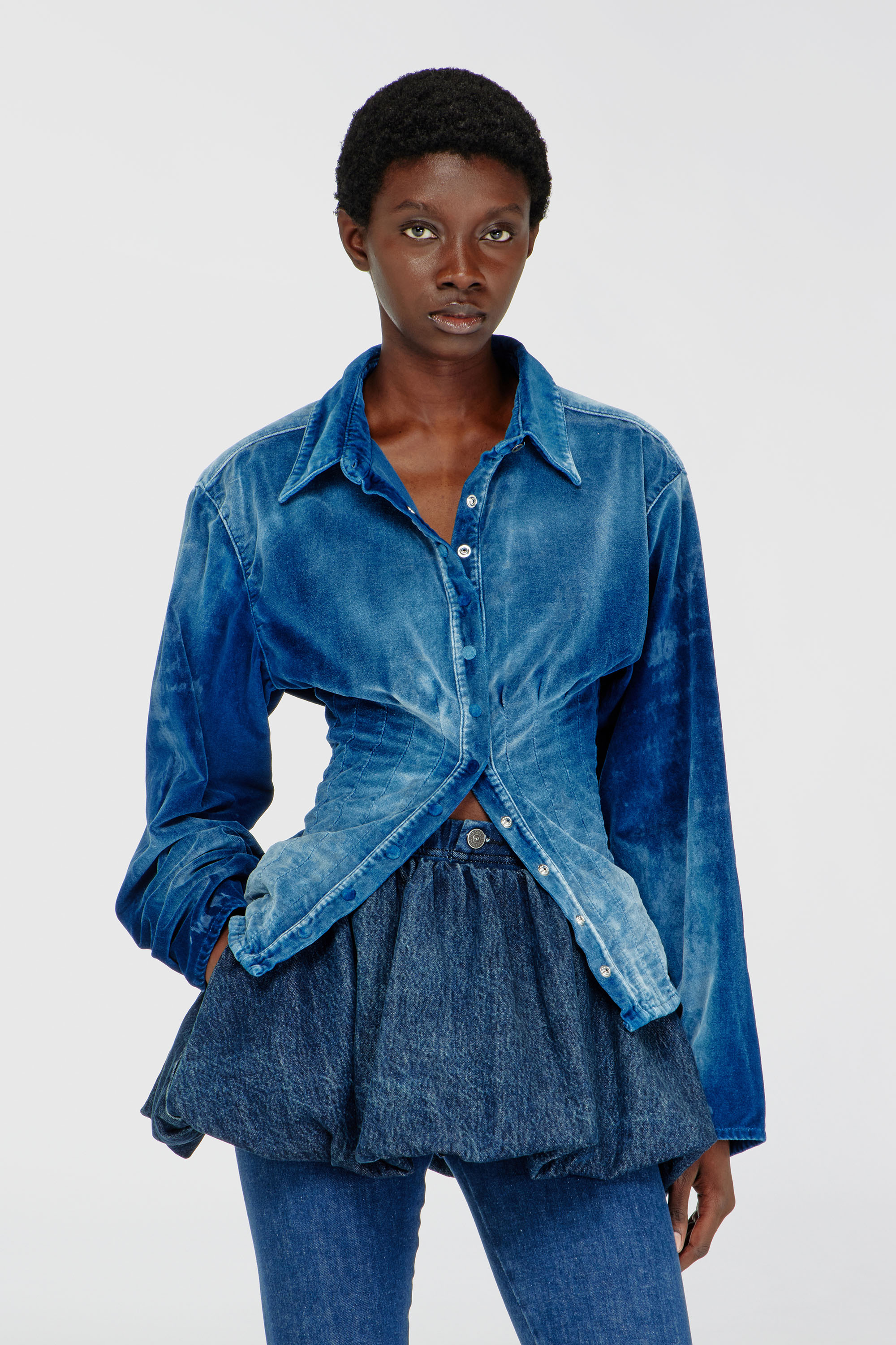 Diesel - DE-SINDI-FSJ, Woman's Shirt in velvet denim in Dark Blue - 3