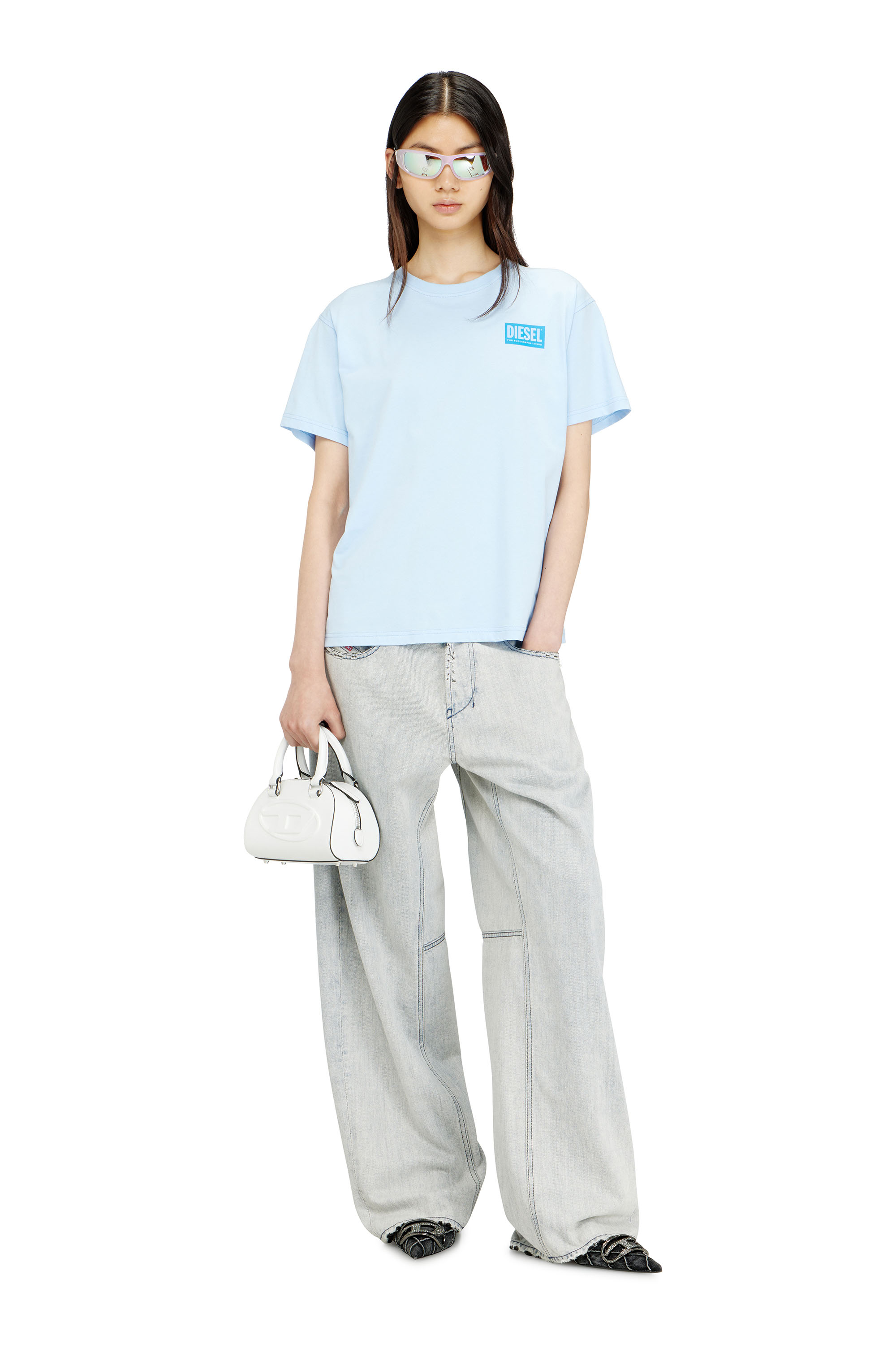 Diesel - T-NORMY-S6, Woman's Organic cotton jersey t-shirt with crew neck and logo print in Light Blue - 2