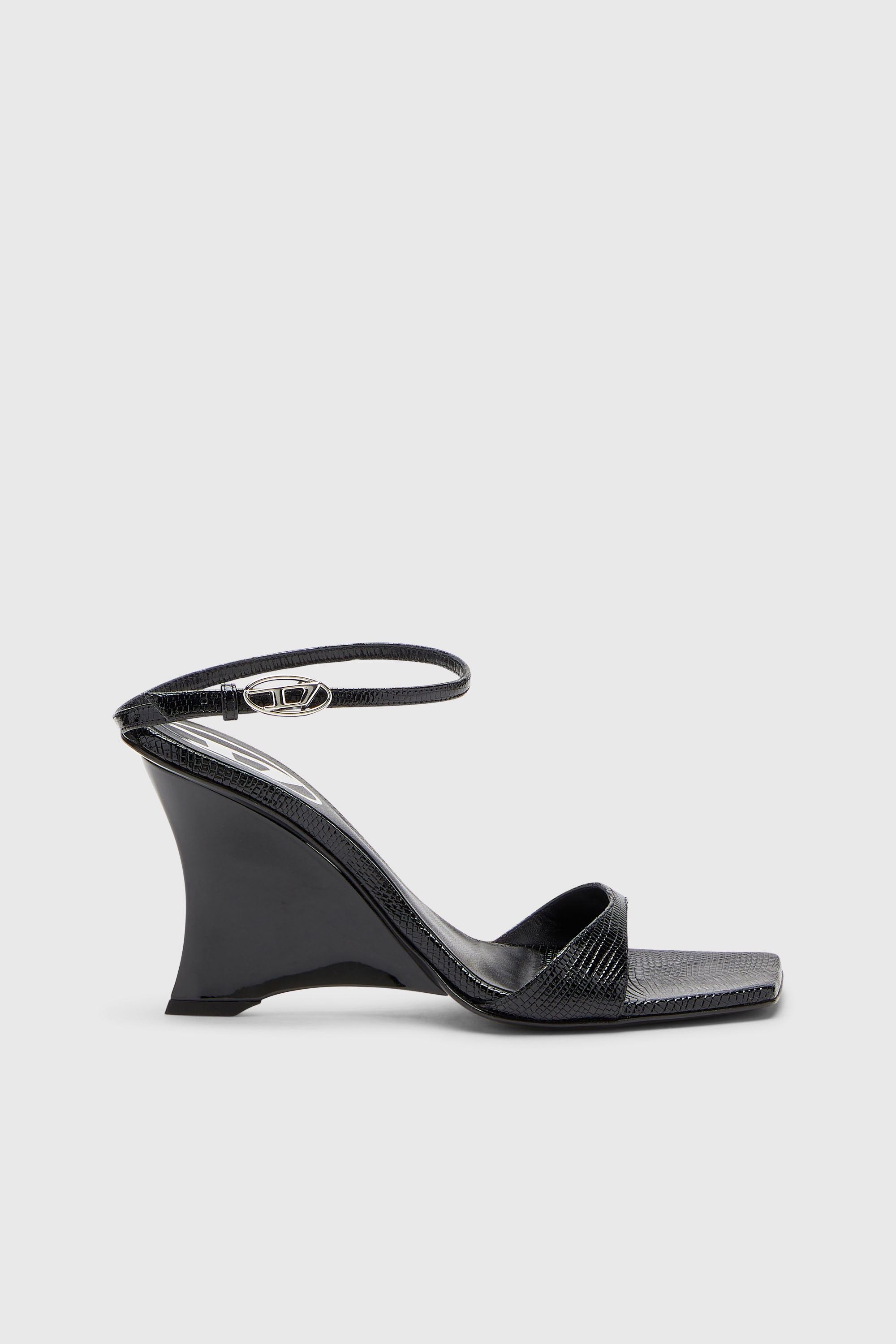 Diesel - D-AMBER SANDAL WEDGE, Woman's D-Amber-Wedge sandals in lizard-effect leather in Black - 1