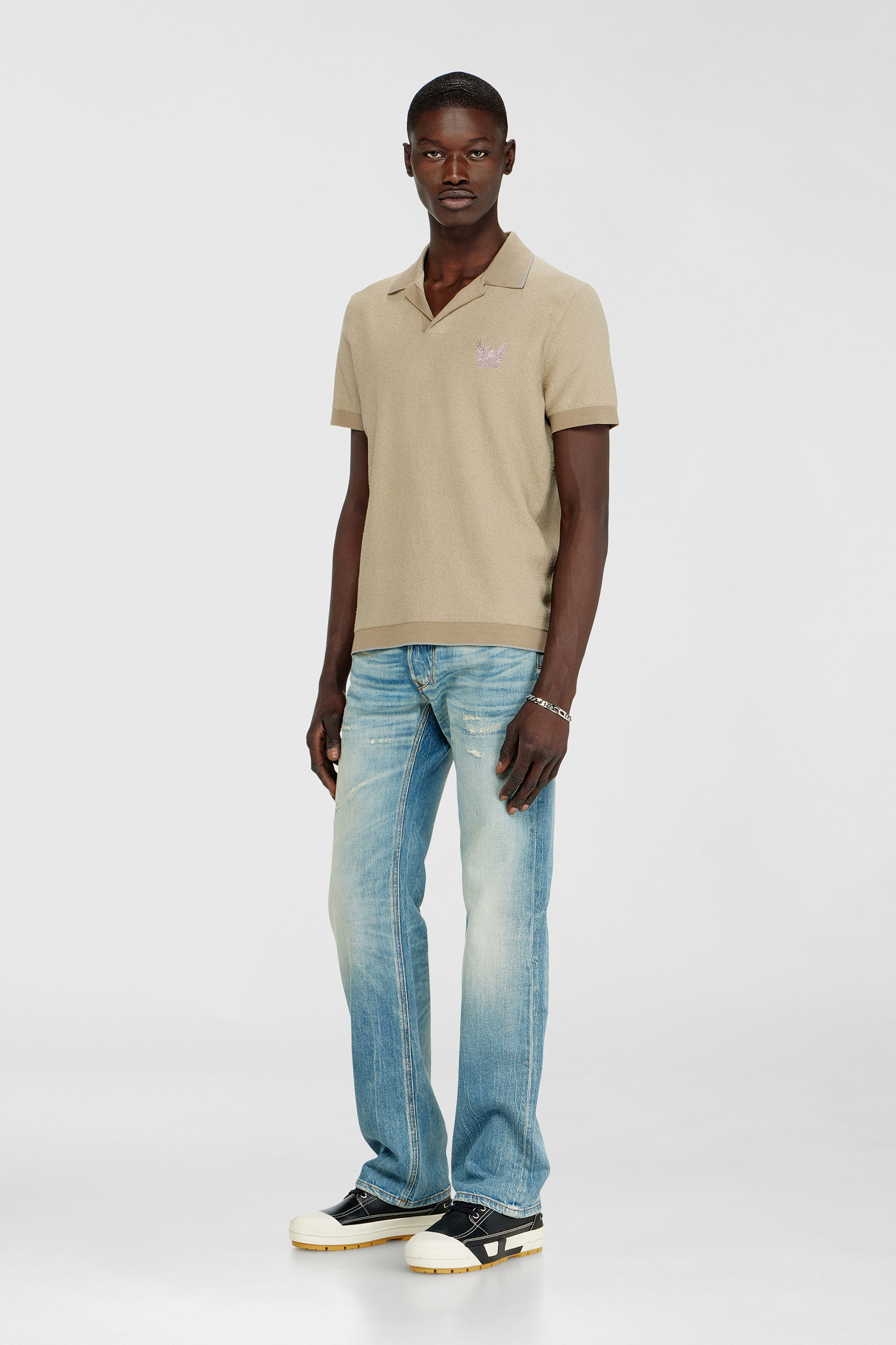 Diesel - K-RAILES, Man's Boucl&eacute;-knit polo shirt with Phoenix logo in Beige - 2