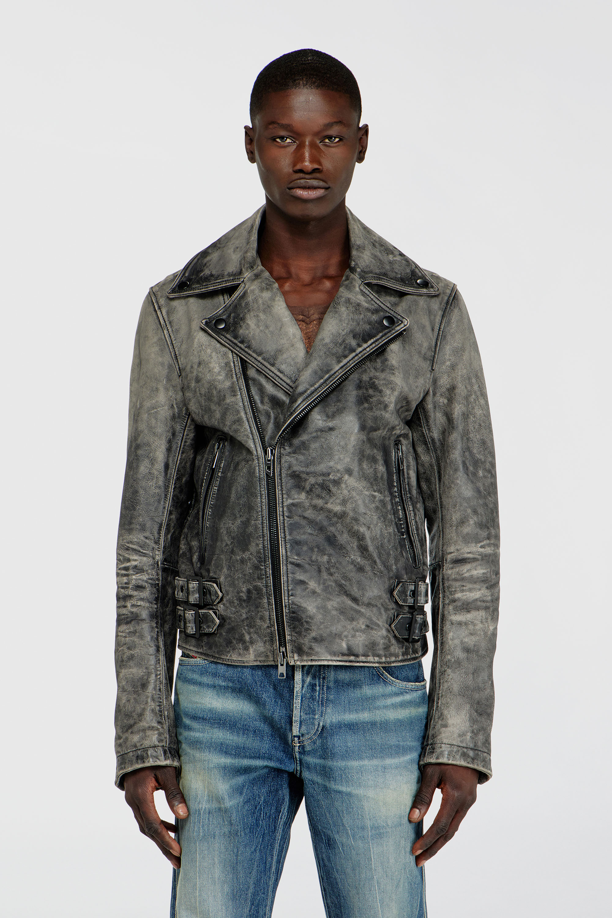 Diesel - L-EON-CJCM, Man's Biker jacket in treated leather in Dark grey - 3