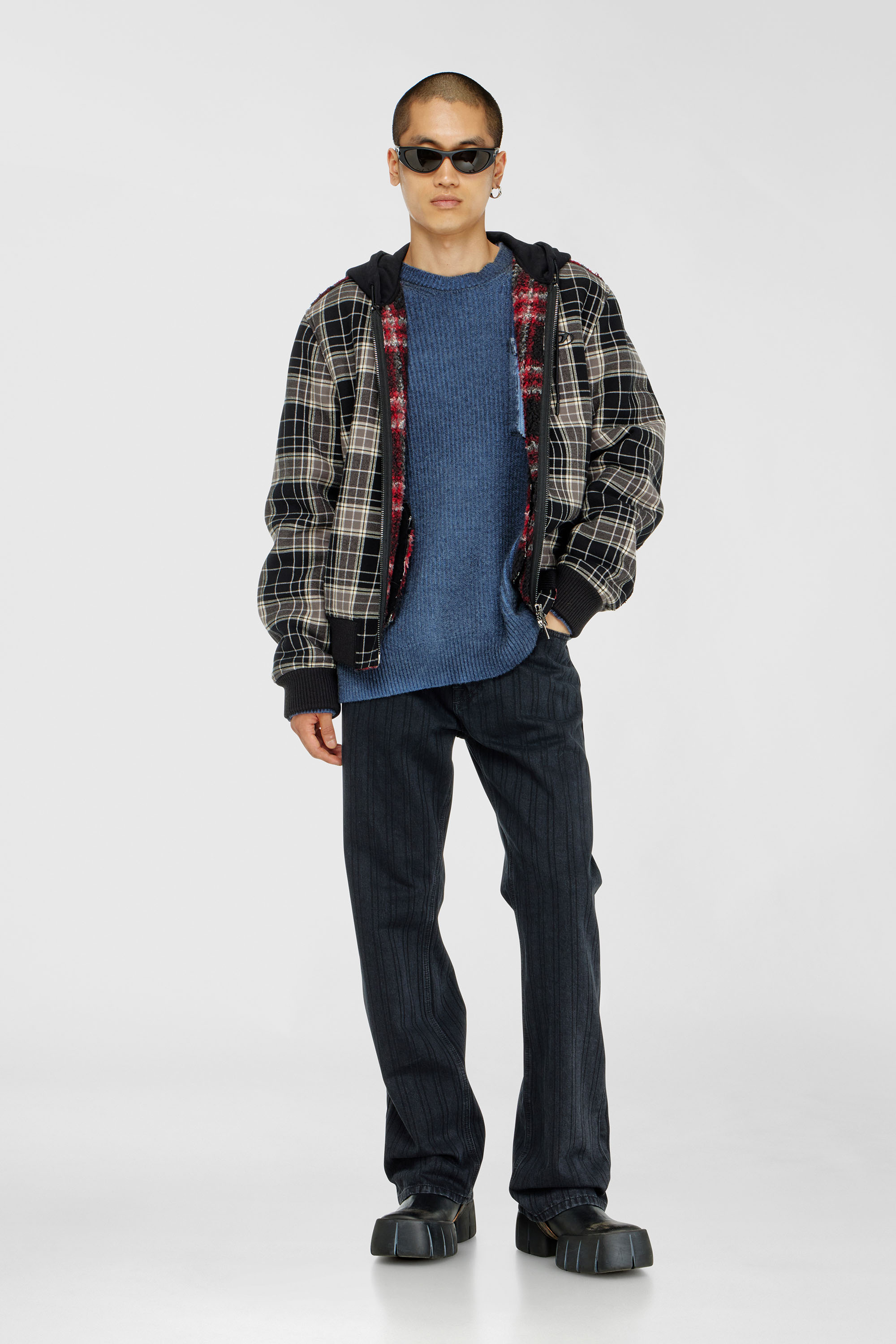 Diesel - W-KUNST, Man's Check-flannel bomber jacket with teddy interior in Grey/Black - 2