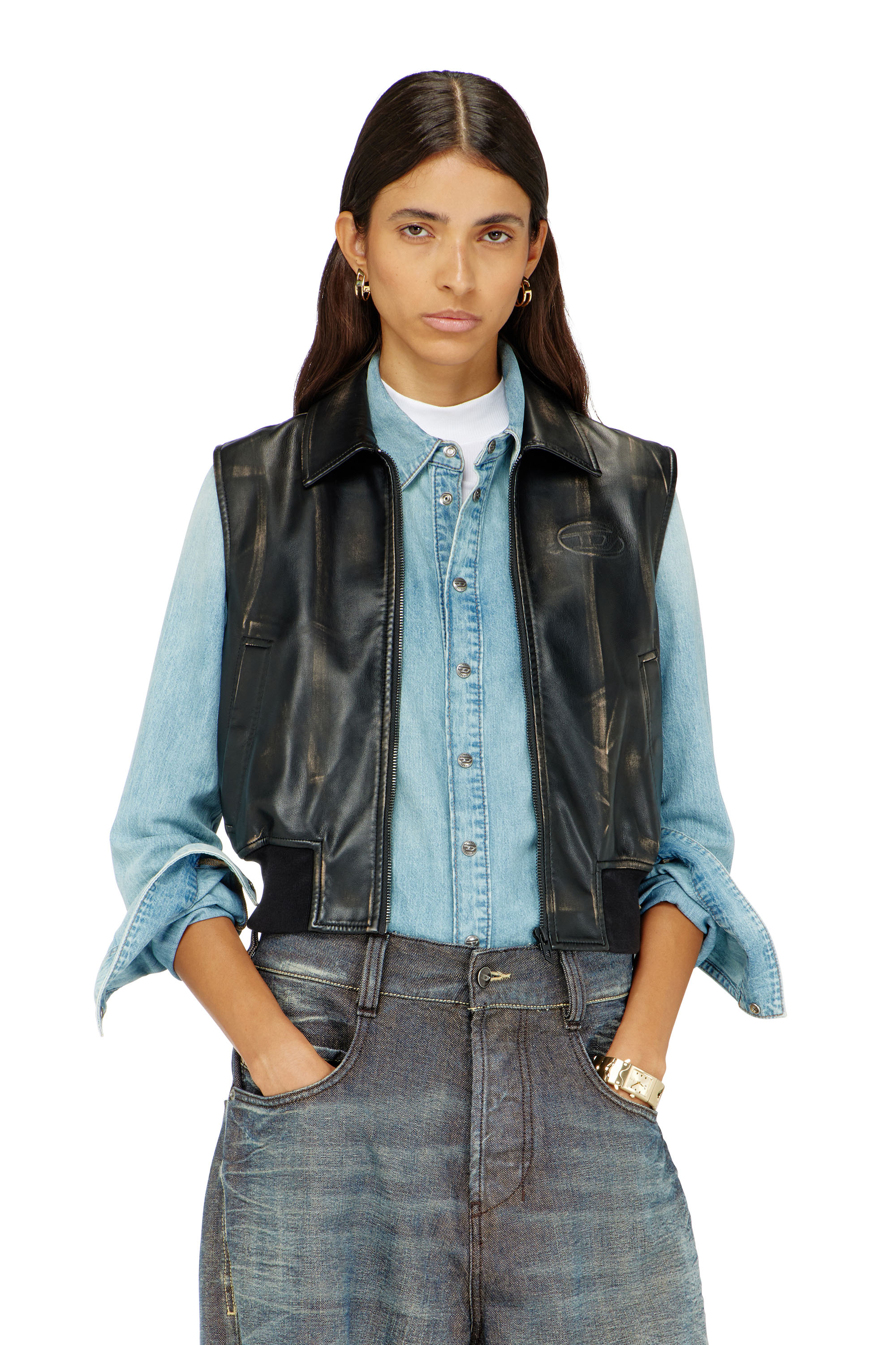 Diesel - G-INKO, Woman's Bomber vest with distressed effect in Brown - 1