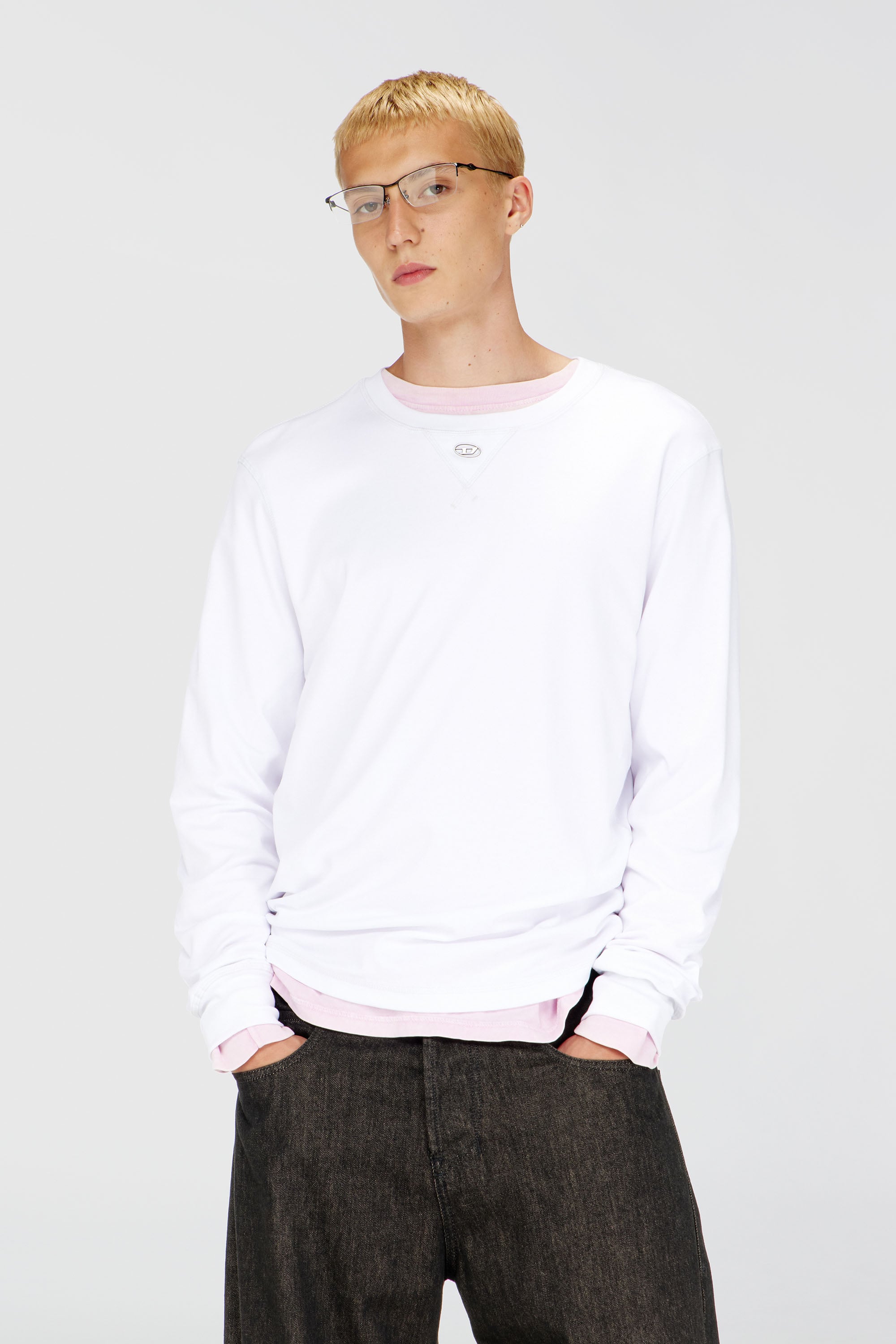 Diesel - T-MADJUST-LS-TR, Man's Cotton long-sleeve T-shirt with Oval D in White - 1