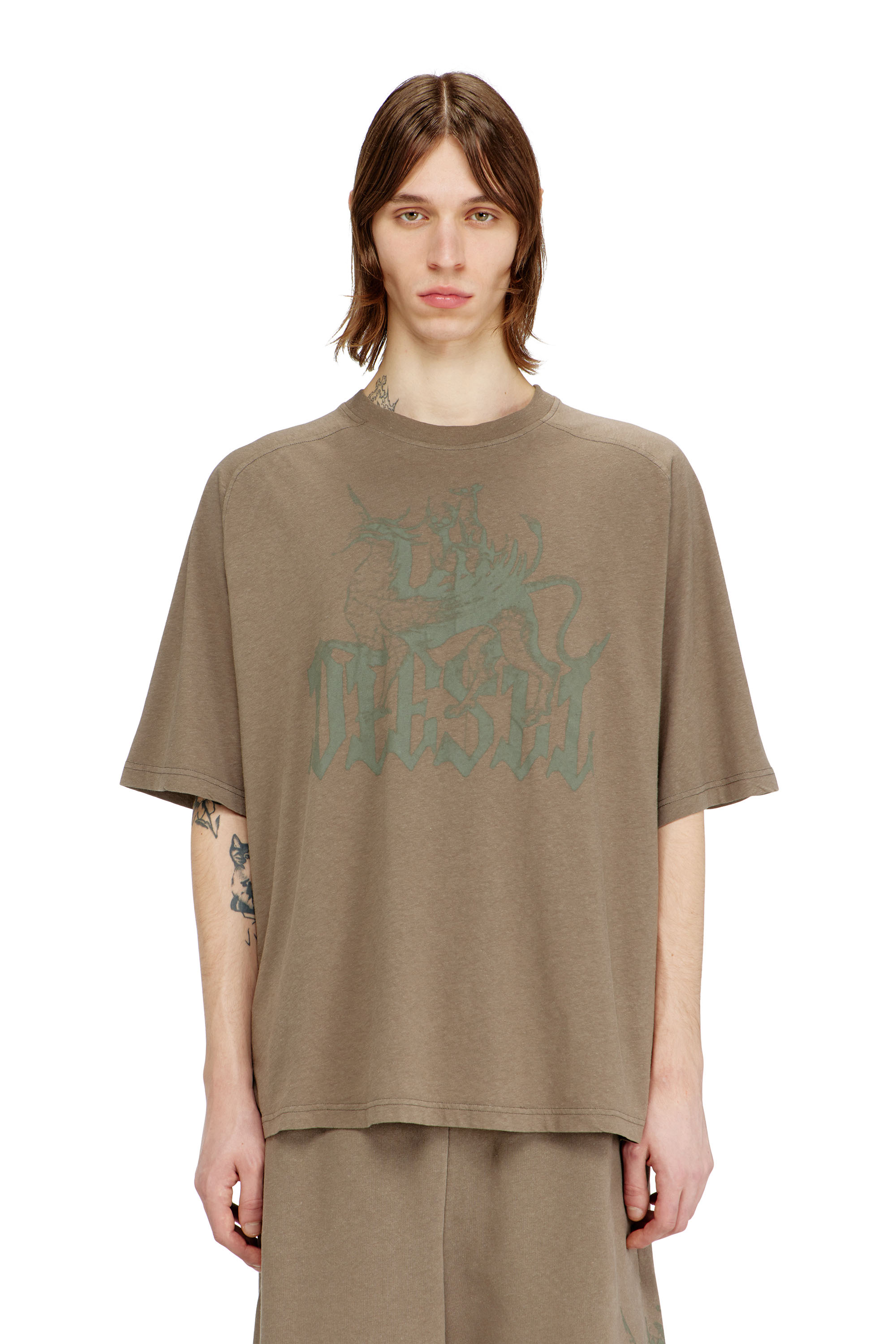 Diesel - T-JUSSI-A, Man's Printed T-shirt in cotton and hemp in Beige - 1