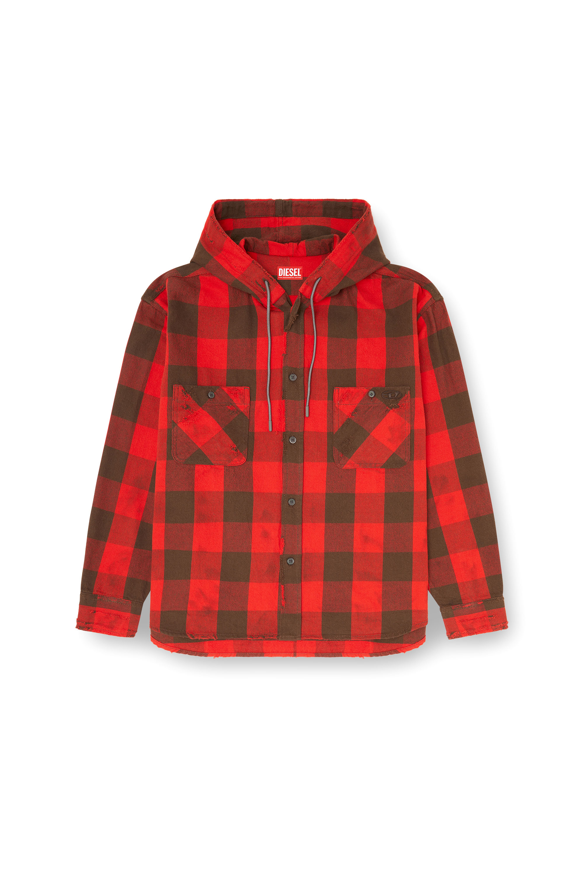 Diesel - S-DRUM-HOODY, Man's Distressed hooded shirt in check flannel in null - 2