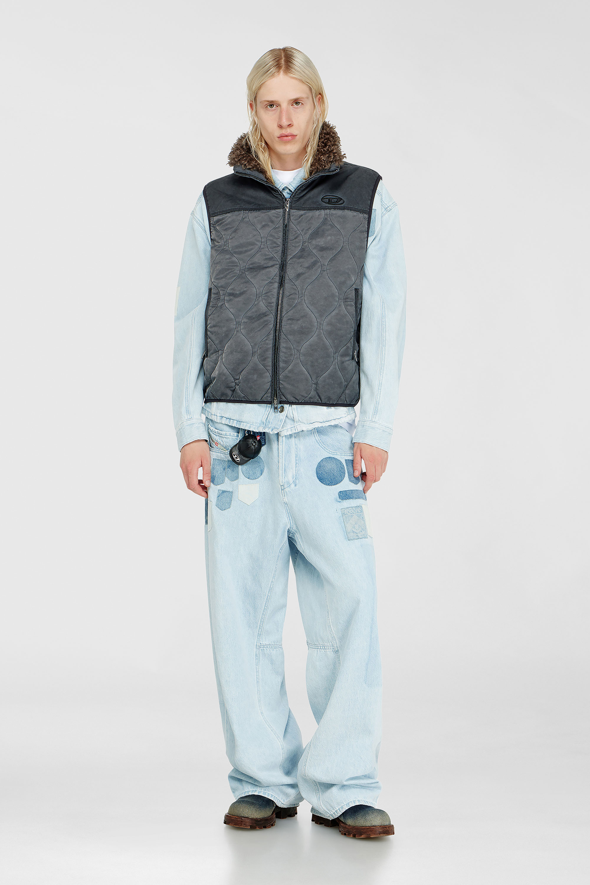 Diesel - J-ALVAR, Man's Quilted vest with fluffy neck lining in Dark grey - 1