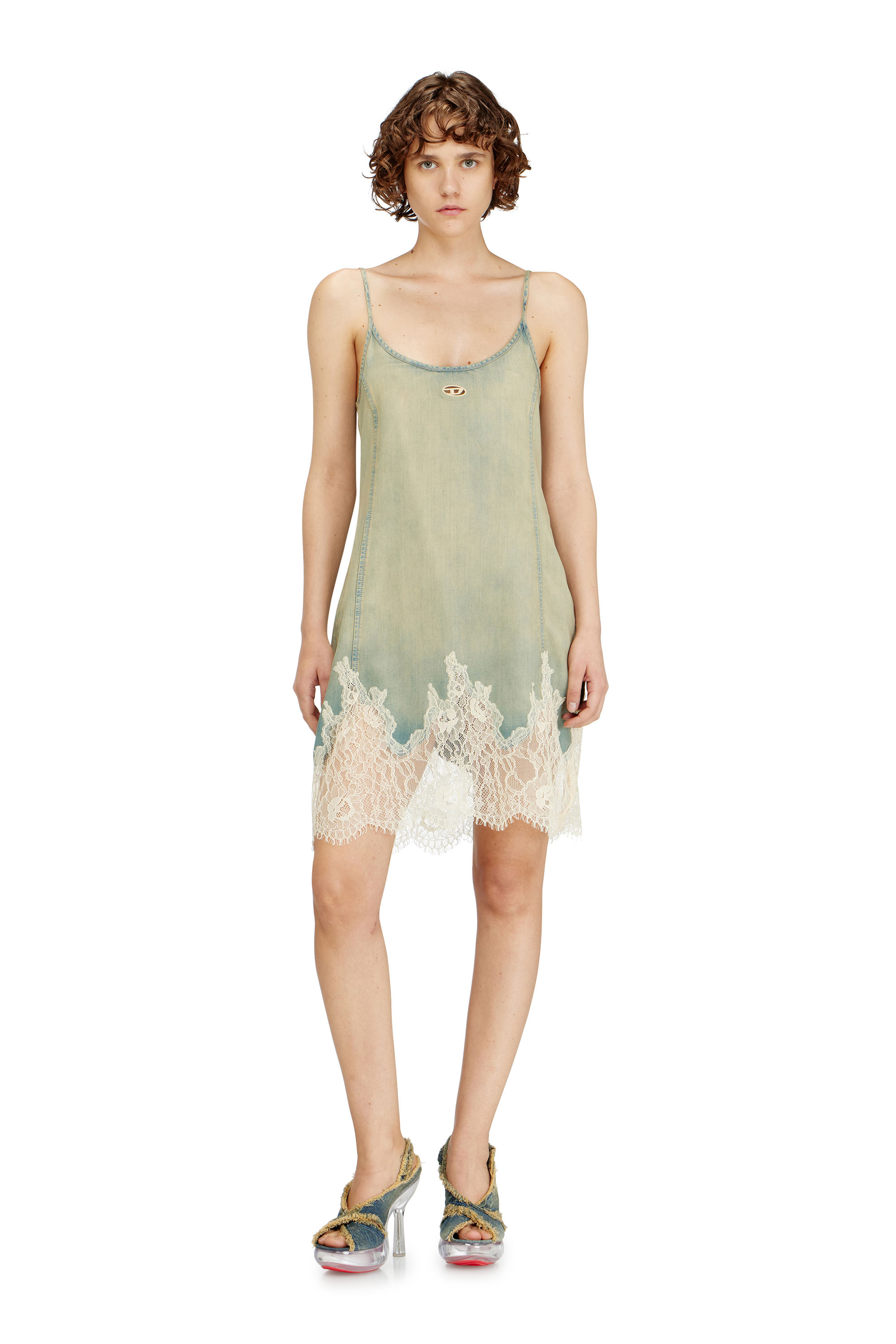 Diesel - DE-ODRY-S, Woman's Mini dress in lace denim in Blue/White - 1