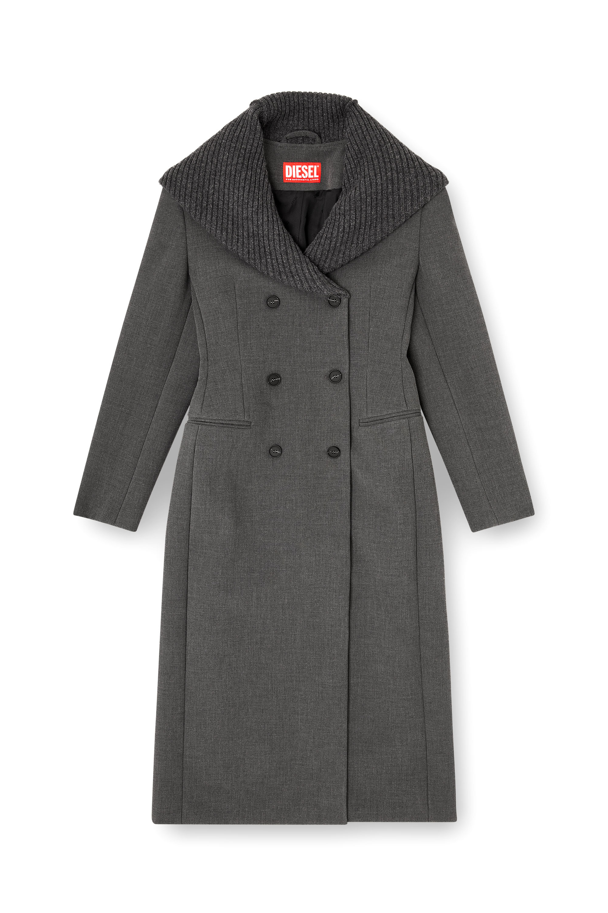 Diesel - G-OLDEN-LONG, Woman's Long hourglass coat with knitted cowl hood in Grey - 2