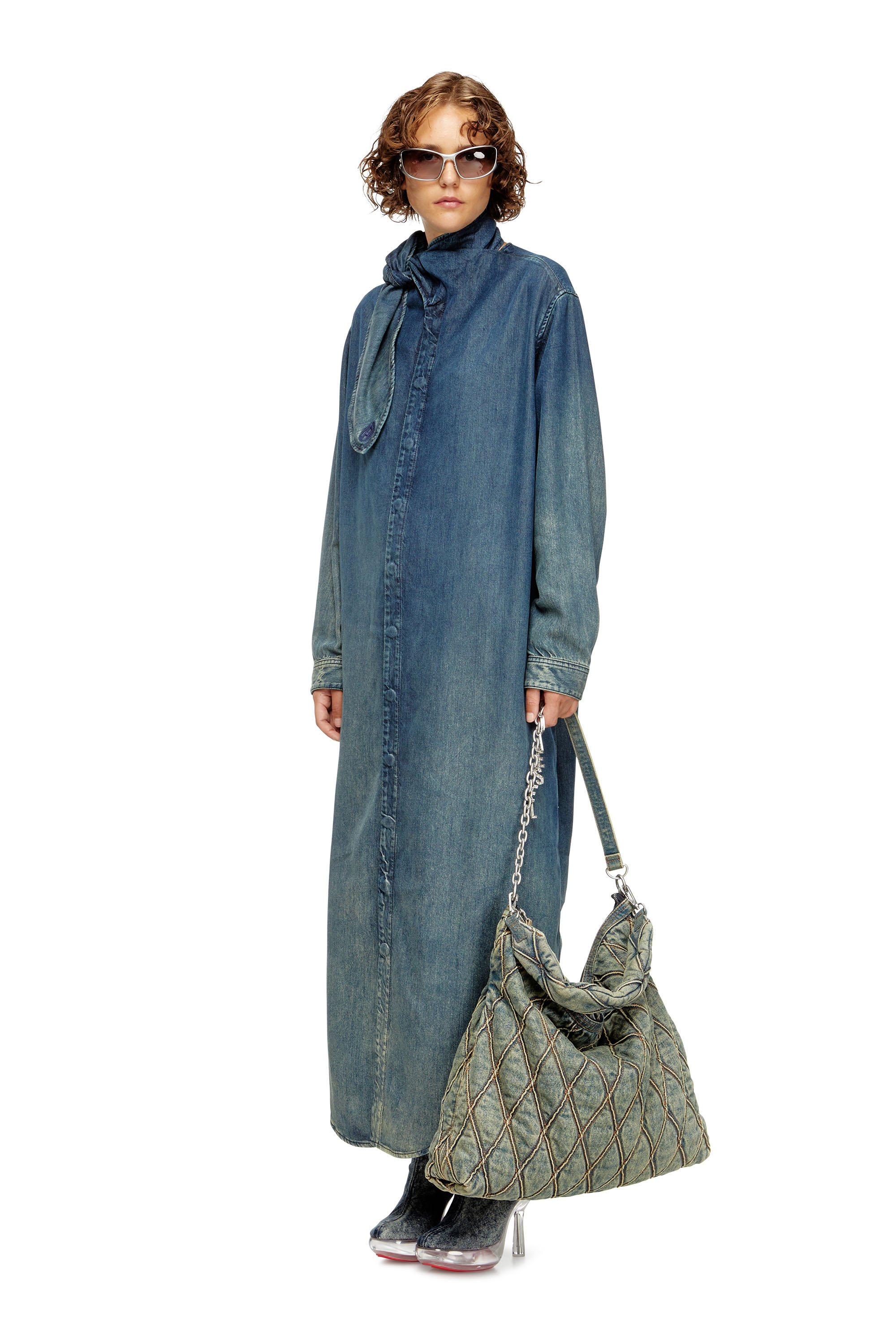 Diesel - DE-BARBARA-S, Woman's Long shirt dress in fluid denim in Medium blue - 1